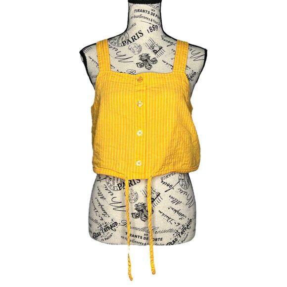 a new day MEDIUM Striped Button Detail Linen Blend Front Tie Crop Top Tank - Picture 6 of 12